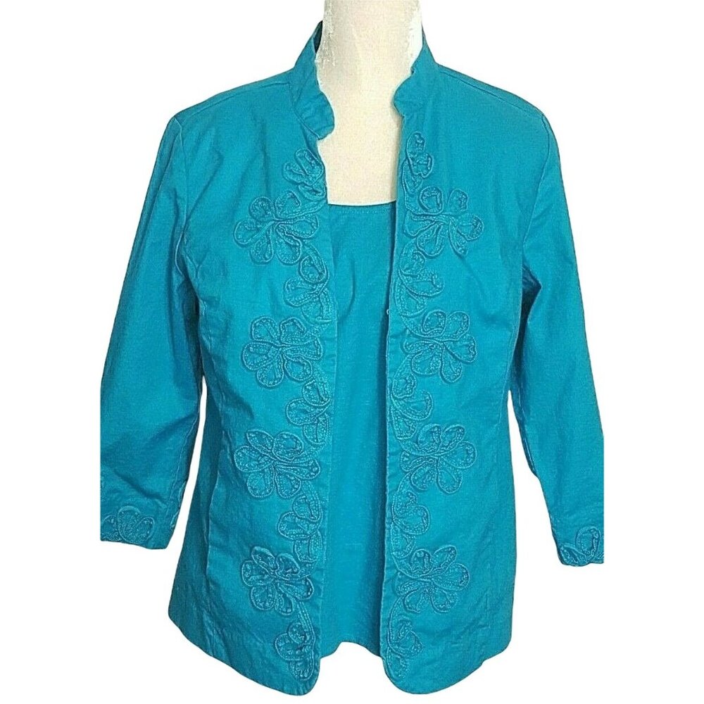 Susan Graver Womens Shell Blazer Set M Embellished Textured Blue Linen Blend